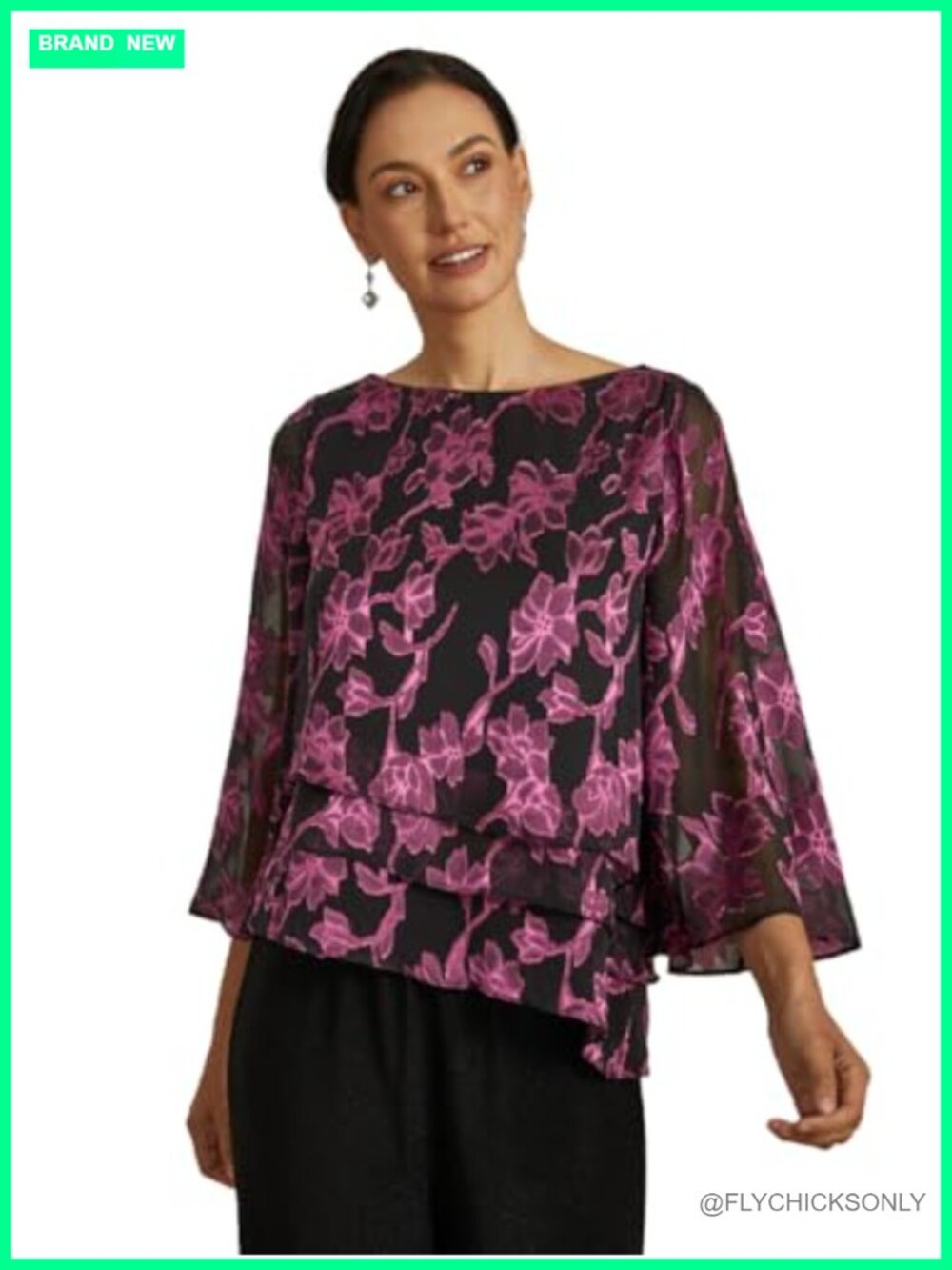 Women's Floral Jacquard Chiffon Blouse Bell Sleeve Dressy Casual Top